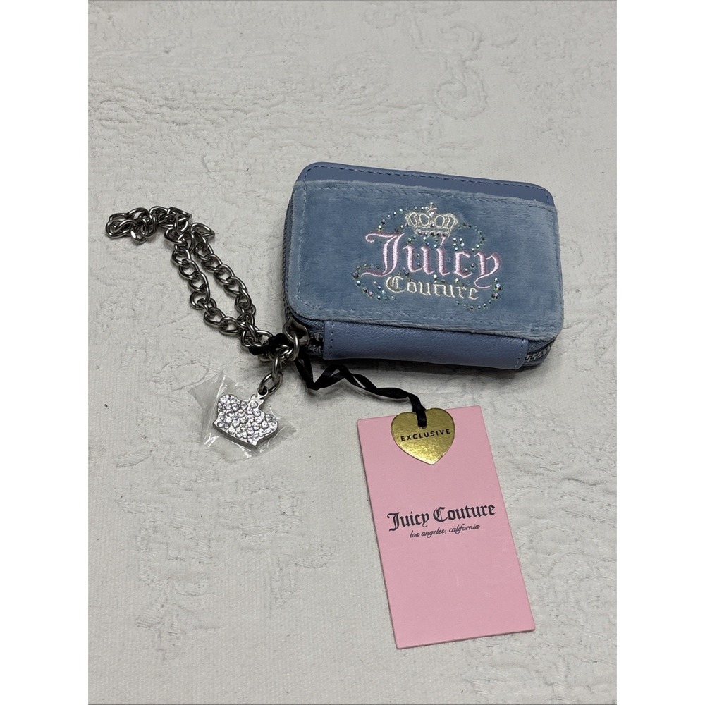 Juicy Couture Dusty Blue Dream Juicy Square ZA CC Wallet + Chain Strap NWT